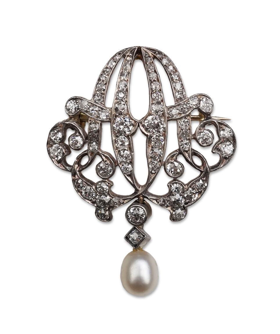 A late Victorian pearl and diamond monogram brooch, circa 1900